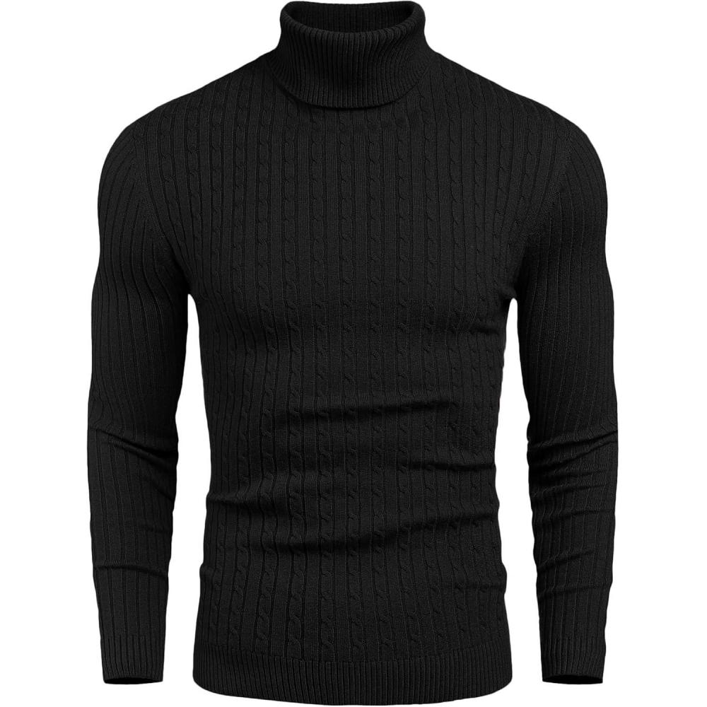 imageCOOFANDY Mens Ribbed Slim Fit Knitted Pullover Casual Turtleneck Sweater01black