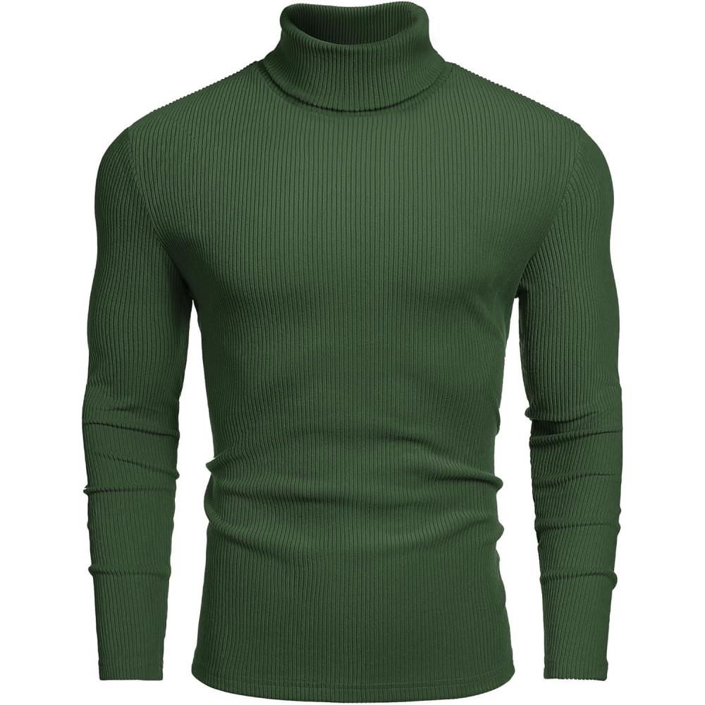 imageCOOFANDY Mens Ribbed Slim Fit Knitted Pullover Casual Turtleneck SweaterArmy Green