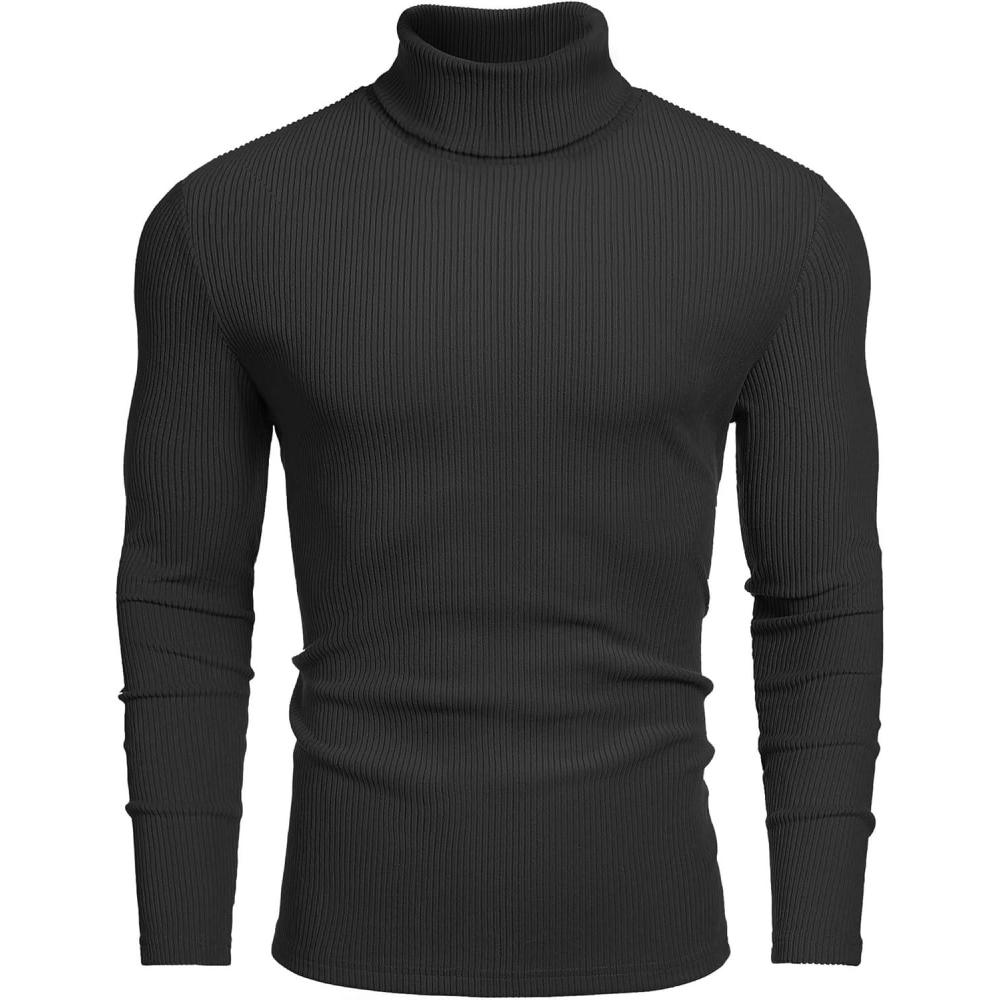 imageCOOFANDY Mens Ribbed Turtleneck Sweater Casual Basic Long Sleeve Knitted Pullover SweaterAblack