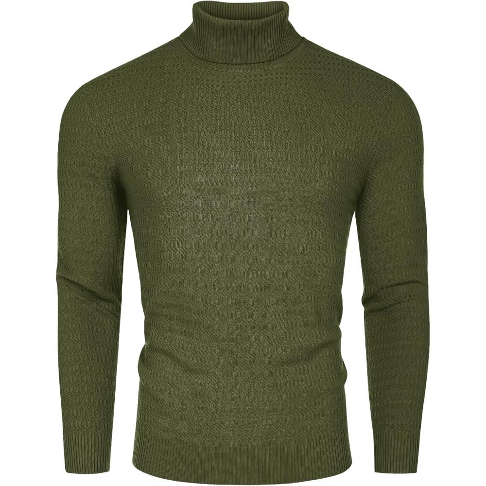 imageCOOFANDY Mens Ribbed Turtleneck Sweater Casual Basic Long Sleeve Knitted Pullover SweaterArmy Green