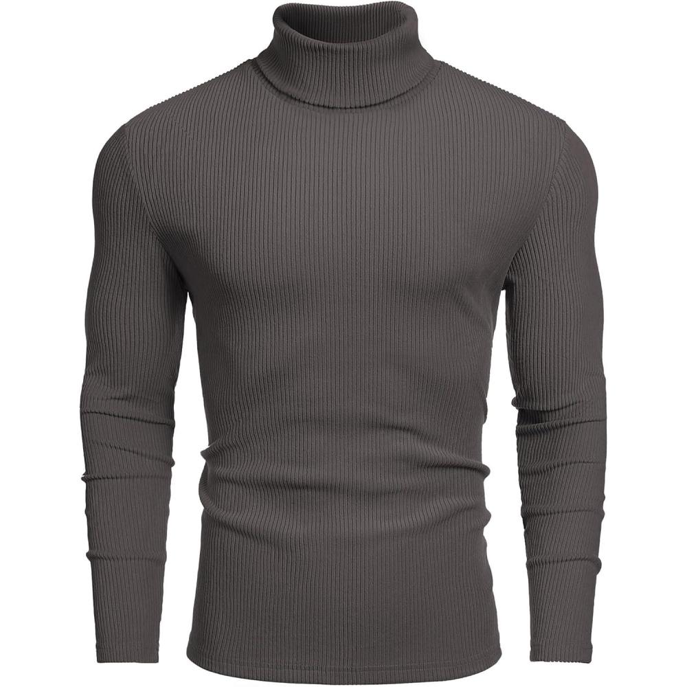 imageCOOFANDY Mens Ribbed Turtleneck Sweater Casual Basic Long Sleeve Knitted Pullover SweaterDark Gray