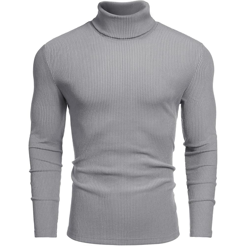 imageCOOFANDY Mens Ribbed Turtleneck Sweater Casual Basic Long Sleeve Knitted Pullover SweaterGray