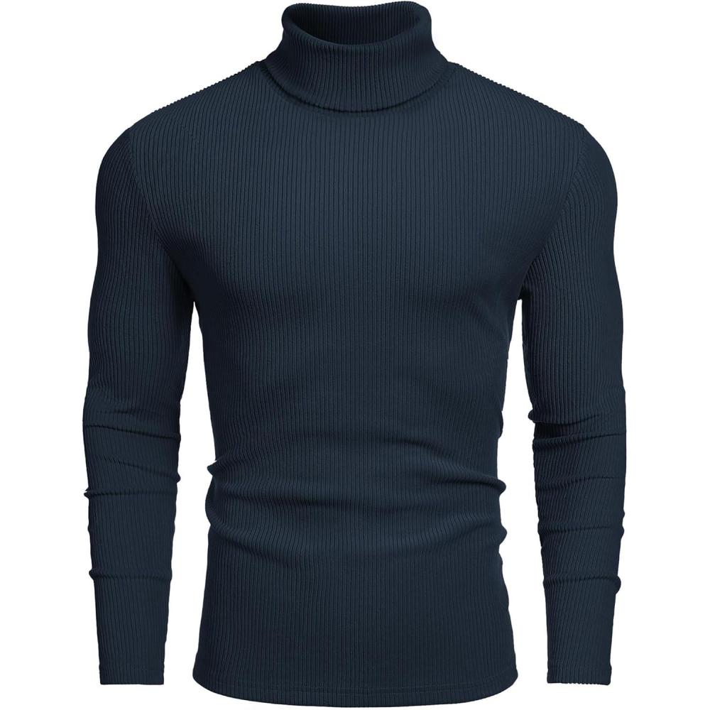 imageCOOFANDY Mens Ribbed Turtleneck Sweater Casual Basic Long Sleeve Knitted Pullover SweaterNavy Blue