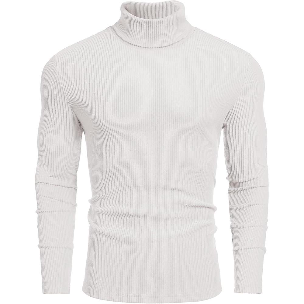 imageCOOFANDY Mens Ribbed Turtleneck Sweater Casual Basic Long Sleeve Knitted Pullover SweaterWhite