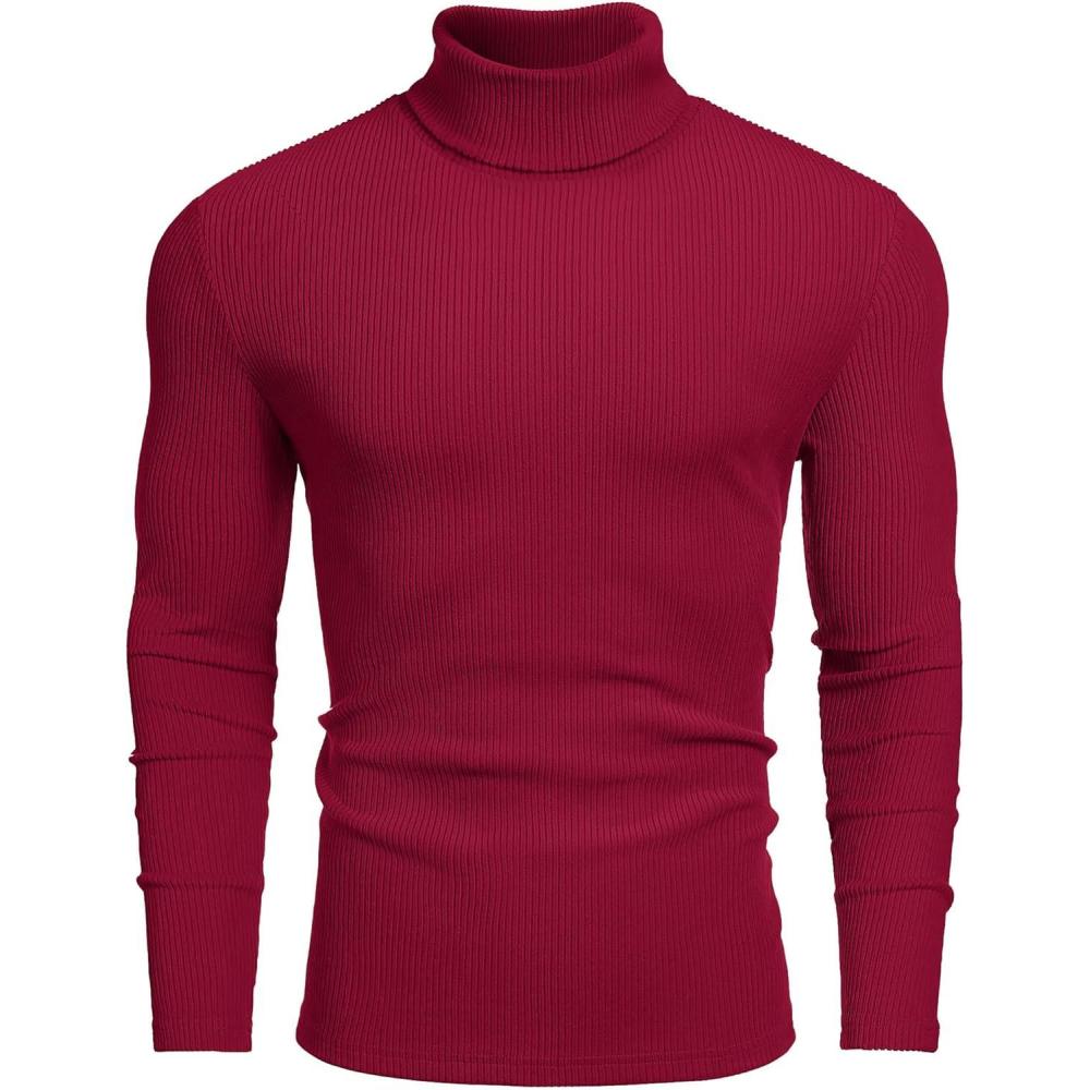 imageCOOFANDY Mens Ribbed Turtleneck Sweater Casual Basic Long Sleeve Knitted Pullover SweaterWine Red