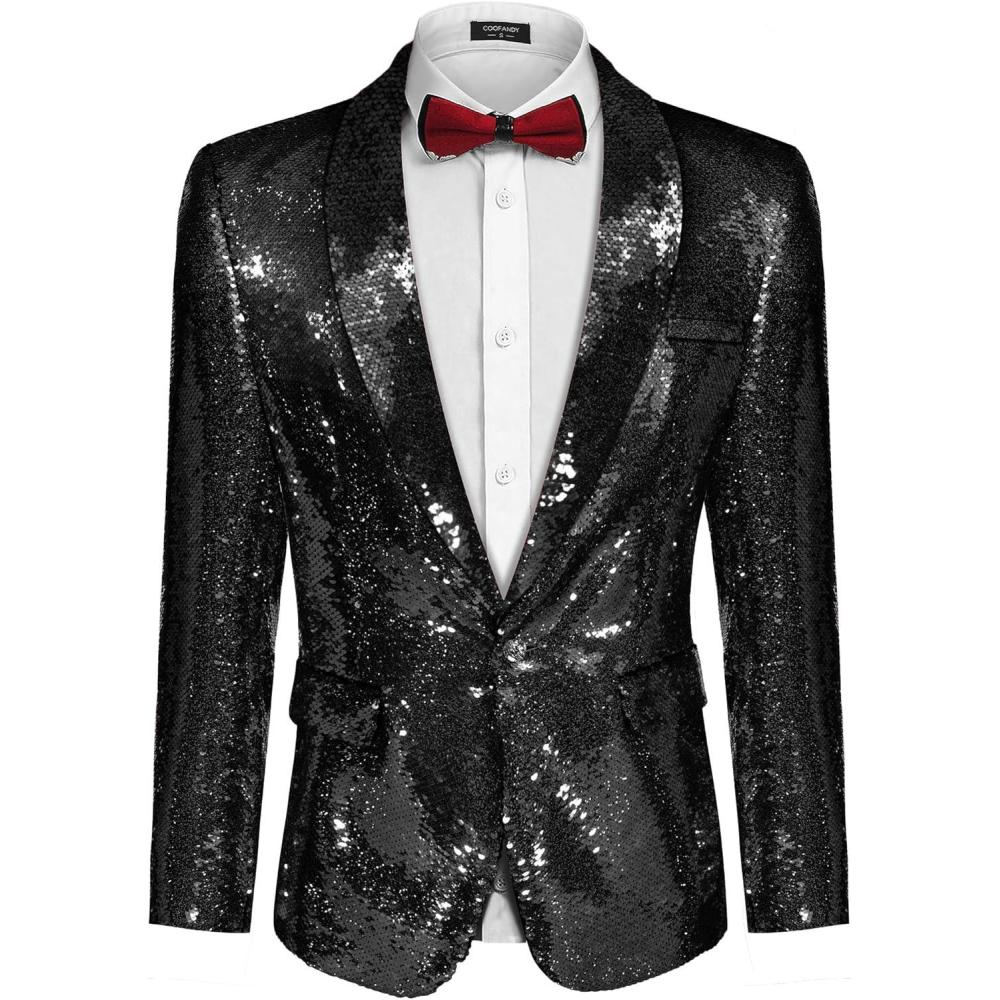 imageCOOFANDY Mens Sequin Blazer Tuxedo Party Prom Wedding Tuxedo One Button JacketBlack