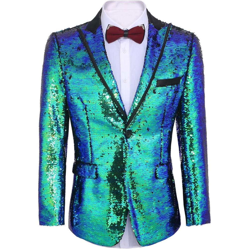 imageCOOFANDY Mens Sequin Blazer Tuxedo Party Prom Wedding Tuxedo One Button JacketBlue