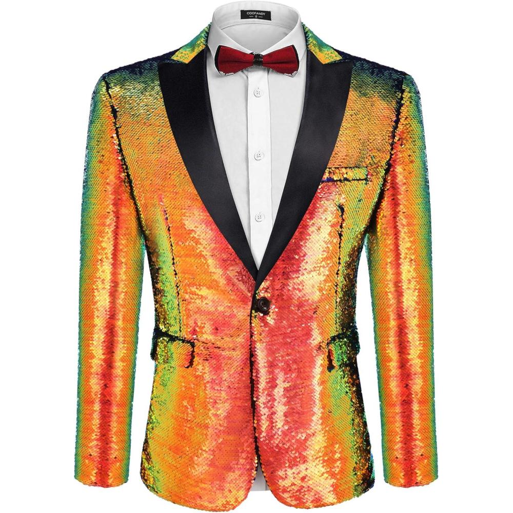 imageCOOFANDY Mens Sequin Blazer Tuxedo Party Prom Wedding Tuxedo One Button JacketBright Gold
