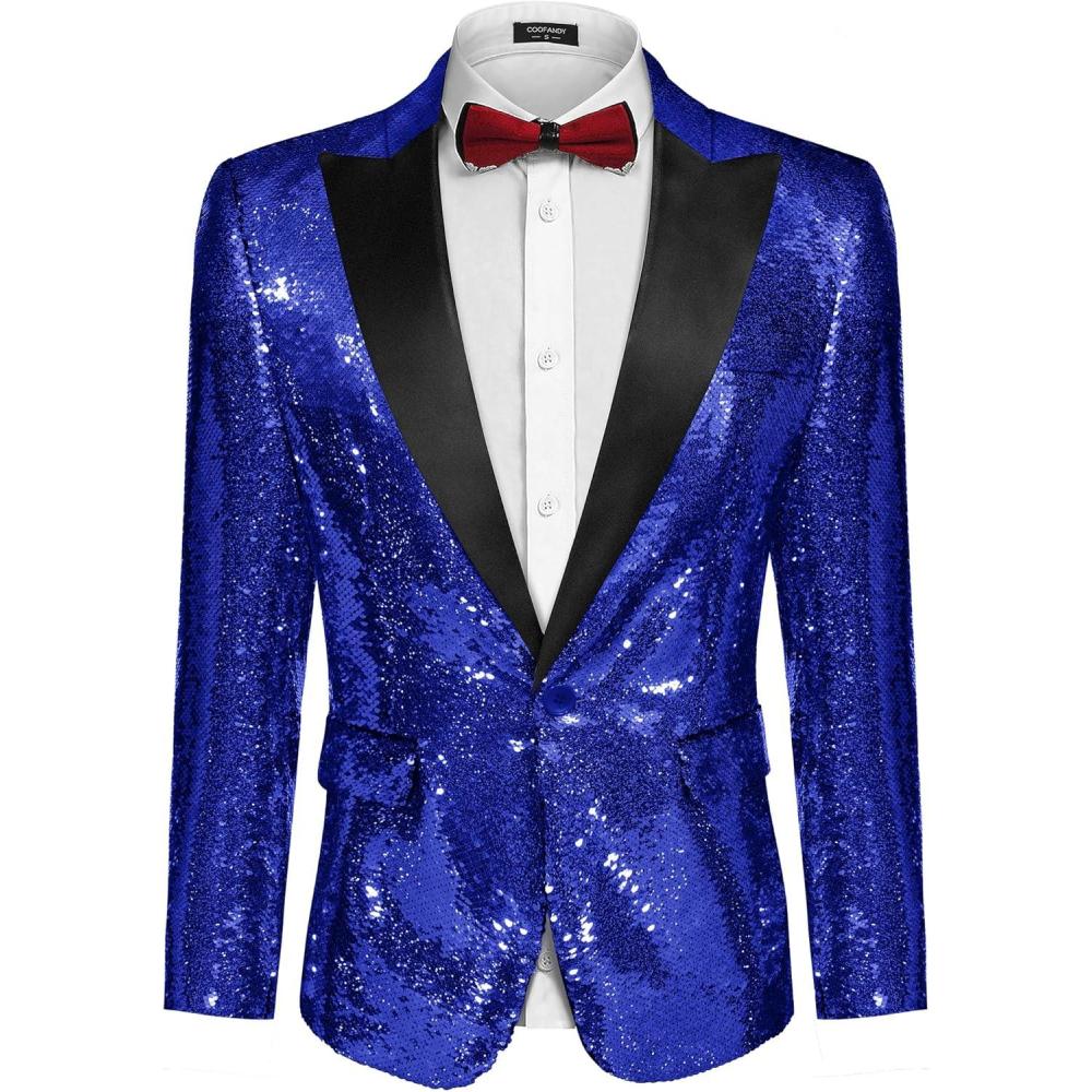 imageCOOFANDY Mens Sequin Blazer Tuxedo Party Prom Wedding Tuxedo One Button JacketNavy Blue