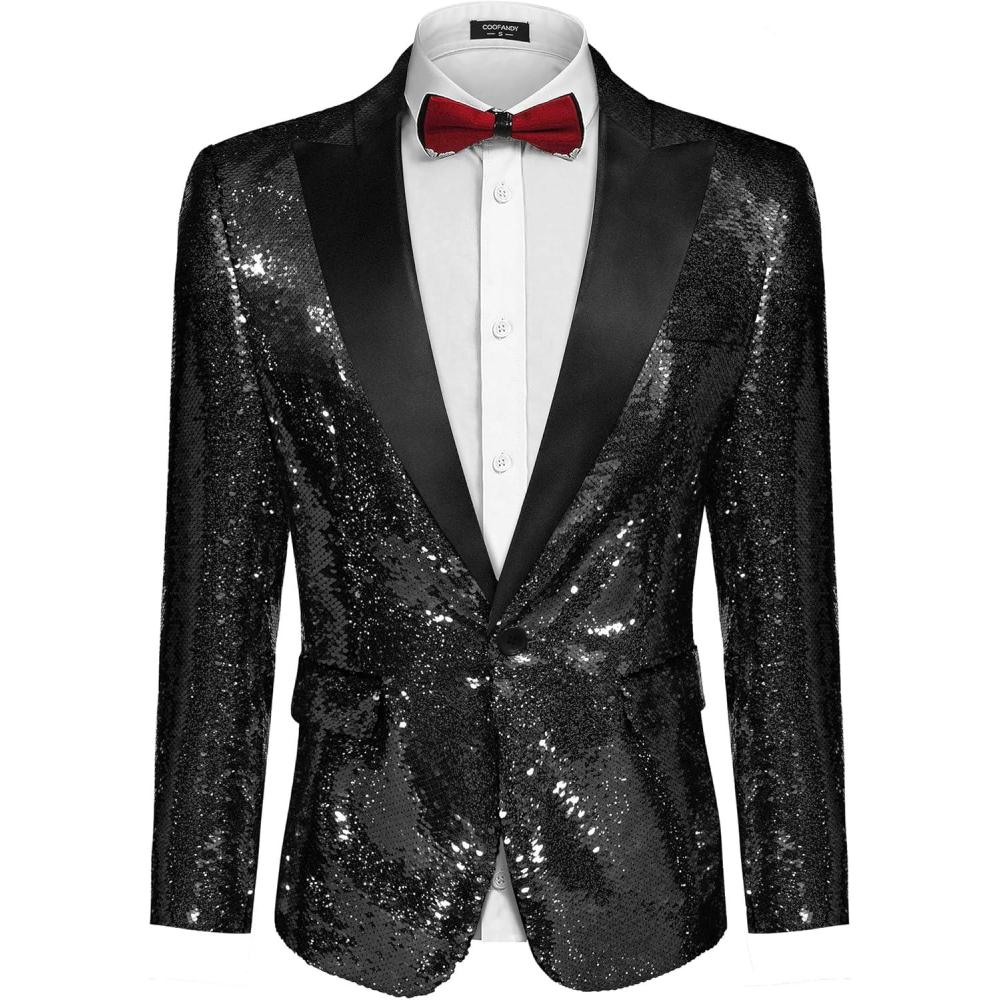imageCOOFANDY Mens Sequin Blazer Tuxedo Party Prom Wedding Tuxedo One Button JacketPitchblack