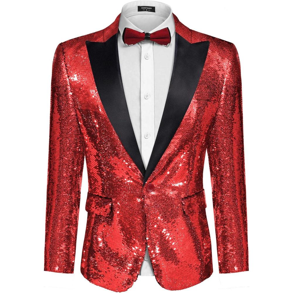 imageCOOFANDY Mens Sequin Blazer Tuxedo Party Prom Wedding Tuxedo One Button JacketRed