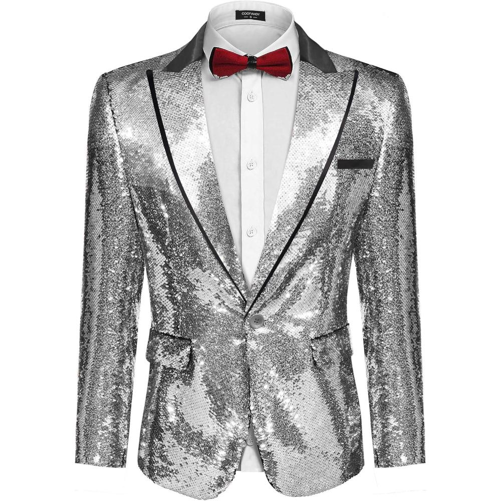 imageCOOFANDY Mens Sequin Blazer Tuxedo Party Prom Wedding Tuxedo One Button JacketSilver