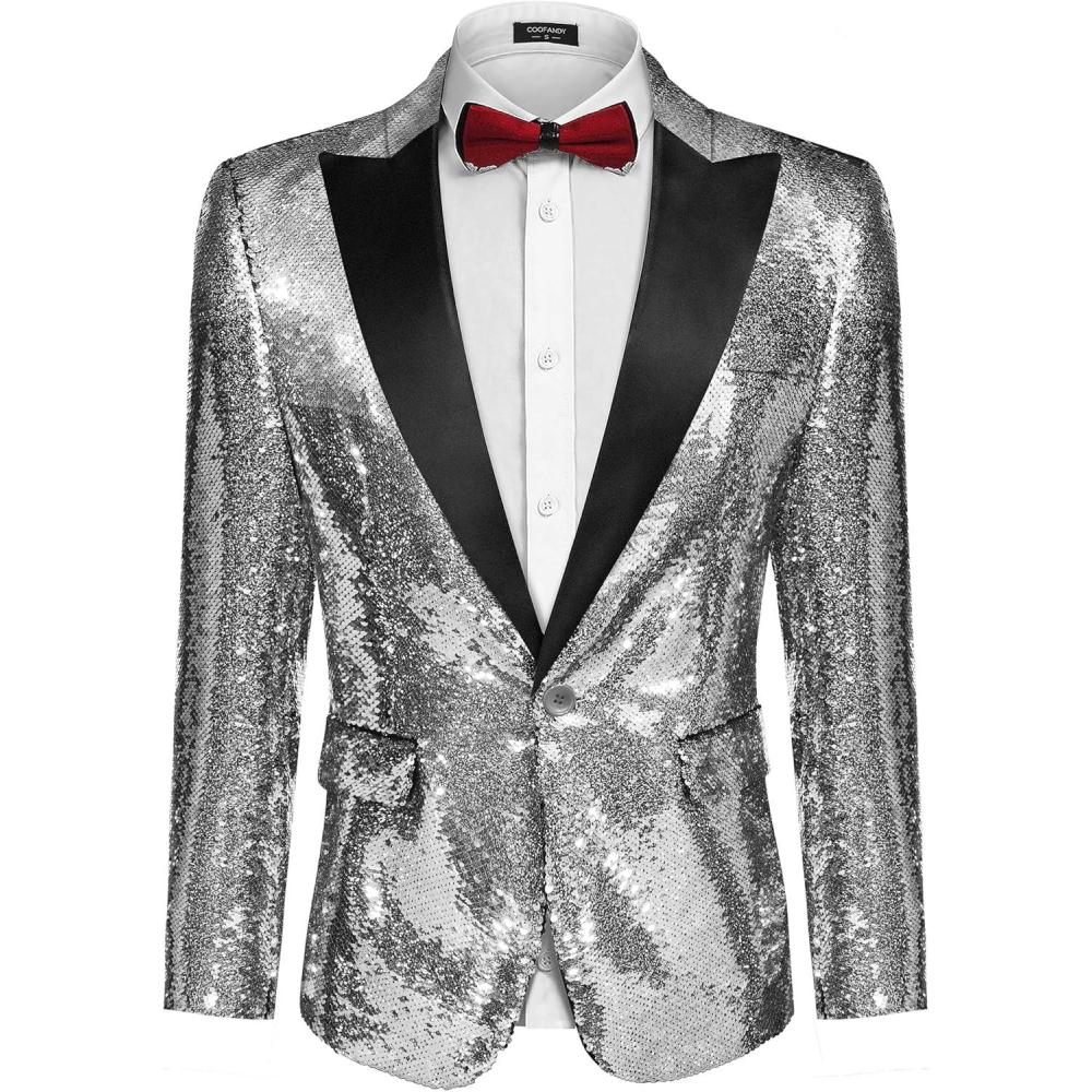 imageCOOFANDY Mens Sequin Blazer Tuxedo Party Prom Wedding Tuxedo One Button JacketSilver Grey