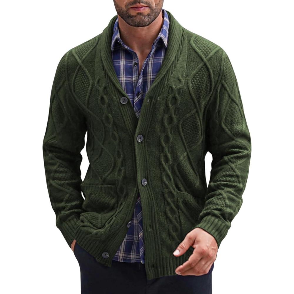 imageCOOFANDY Mens Shawl Collar Cardigan Sweater Slim Fit Button Down Cable Knitted Sweater with PocketsArmy Green