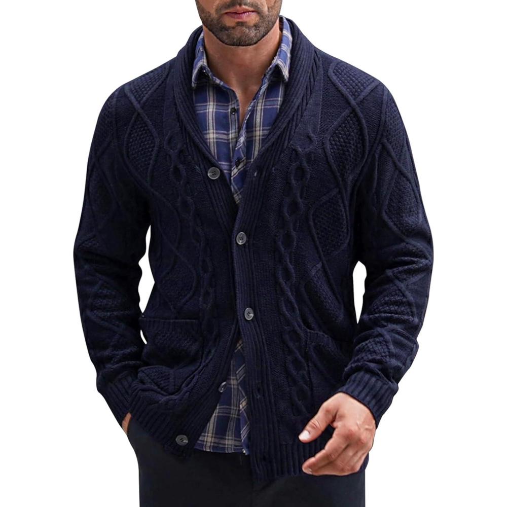 imageCOOFANDY Mens Shawl Collar Cardigan Sweater Slim Fit Button Down Cable Knitted Sweater with PocketsNavy Blue