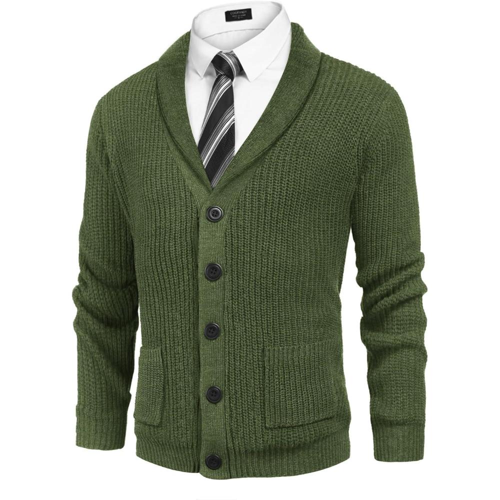 imageCOOFANDY Mens Shawl Collar Cardigan Sweater Slim Fit Cable Knit Button up Sweater with PocketsArmy Green