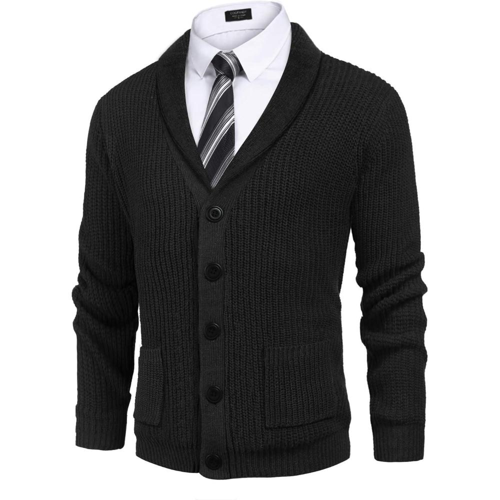 imageCOOFANDY Mens Shawl Collar Cardigan Sweater Slim Fit Cable Knit Button up Sweater with PocketsBlack