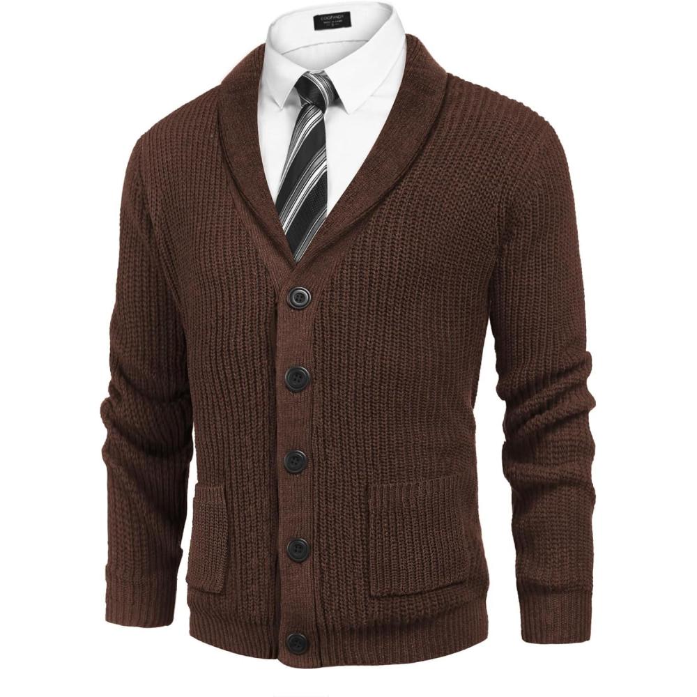imageCOOFANDY Mens Shawl Collar Cardigan Sweater Slim Fit Cable Knit Button up Sweater with PocketsBrown