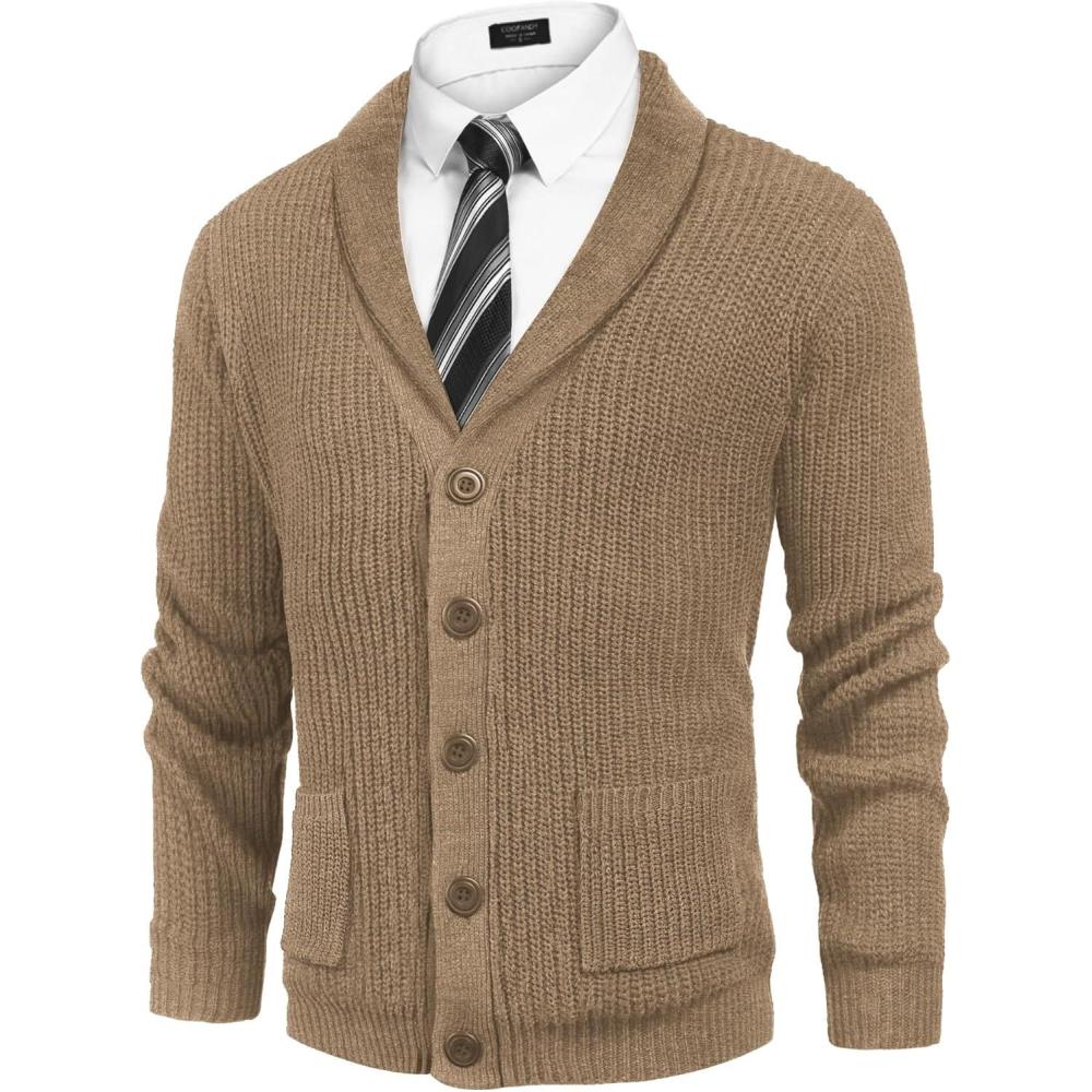 imageCOOFANDY Mens Shawl Collar Cardigan Sweater Slim Fit Cable Knit Button up Sweater with PocketsCamel