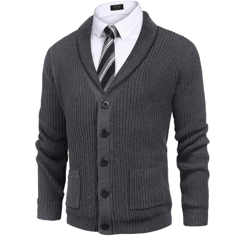 imageCOOFANDY Mens Shawl Collar Cardigan Sweater Slim Fit Cable Knit Button up Sweater with PocketsDark Grey