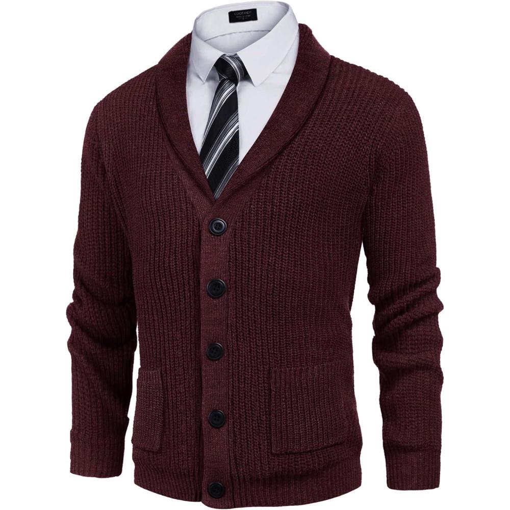 imageCOOFANDY Mens Shawl Collar Cardigan Sweater Slim Fit Cable Knit Button up Sweater with PocketsDark Red