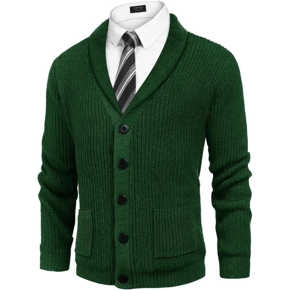 imageCOOFANDY Mens Shawl Collar Cardigan Sweater Slim Fit Cable Knit Button up Sweater with PocketsLight Green