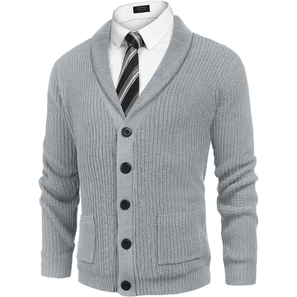 imageCOOFANDY Mens Shawl Collar Cardigan Sweater Slim Fit Cable Knit Button up Sweater with PocketsLight Grey