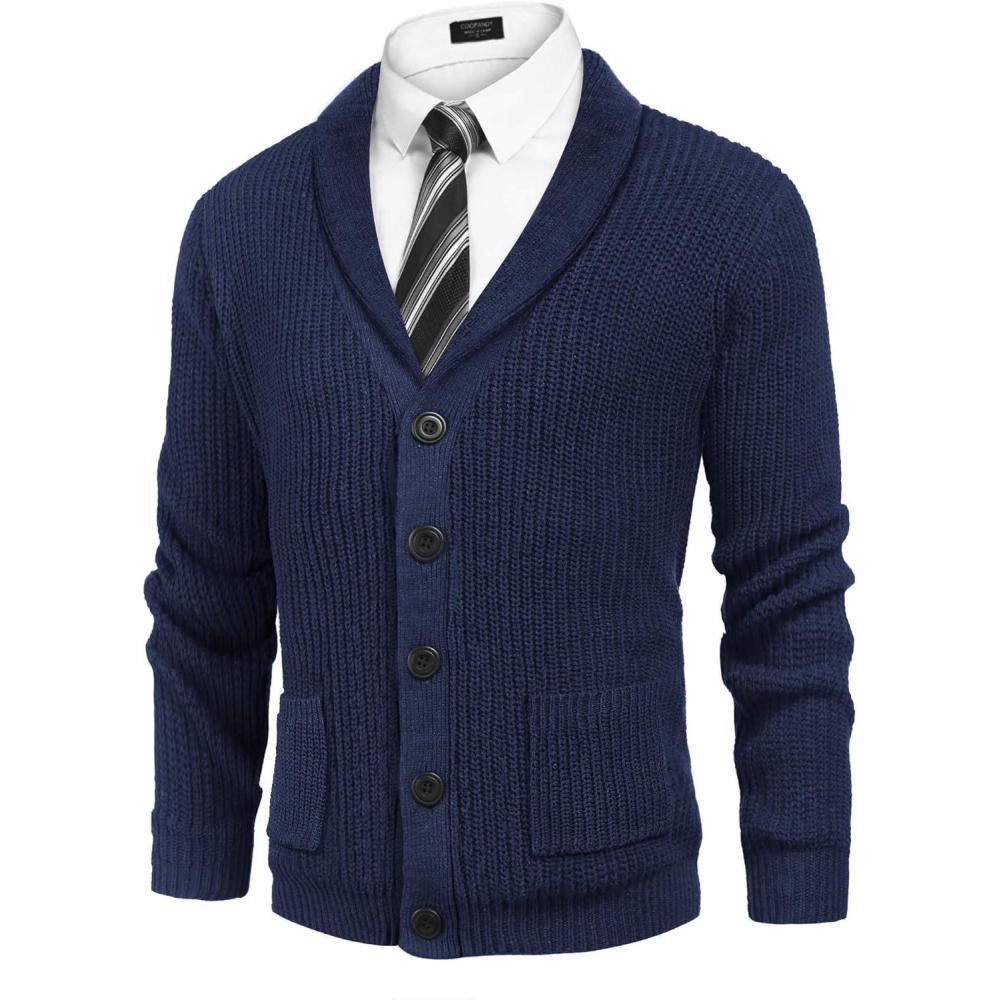 imageCOOFANDY Mens Shawl Collar Cardigan Sweater Slim Fit Cable Knit Button up Sweater with PocketsSnorkel Blue