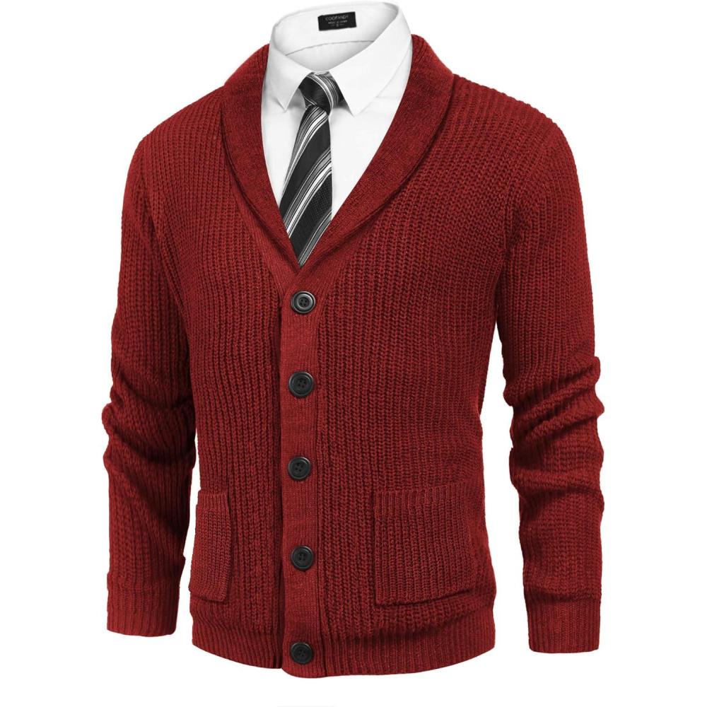 imageCOOFANDY Mens Shawl Collar Cardigan Sweater Slim Fit Cable Knit Button up Sweater with PocketsWine Red