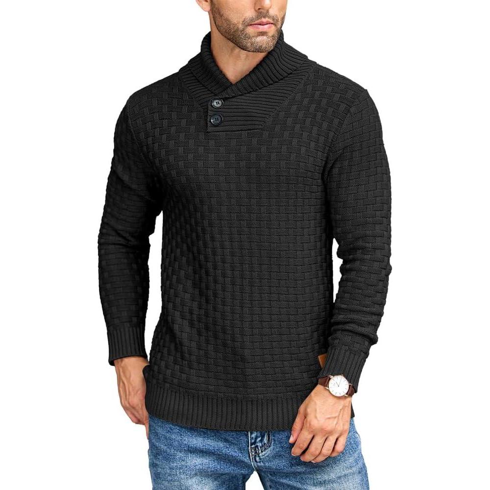 imageCOOFANDY Mens Shawl Collar Pullover Sweater Casual Slim Fit Button Textured Knit SweatersBlack