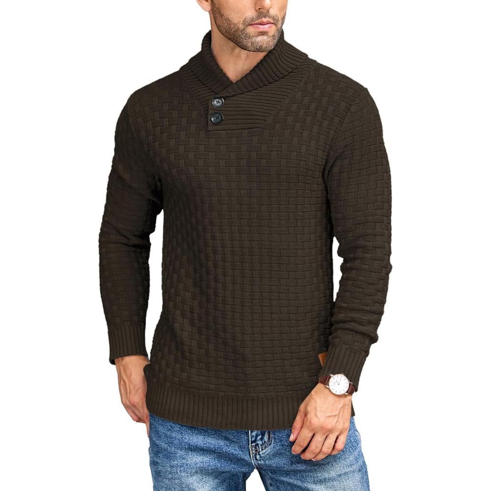 imageCOOFANDY Mens Shawl Collar Pullover Sweater Casual Slim Fit Button Textured Knit SweatersBrown
