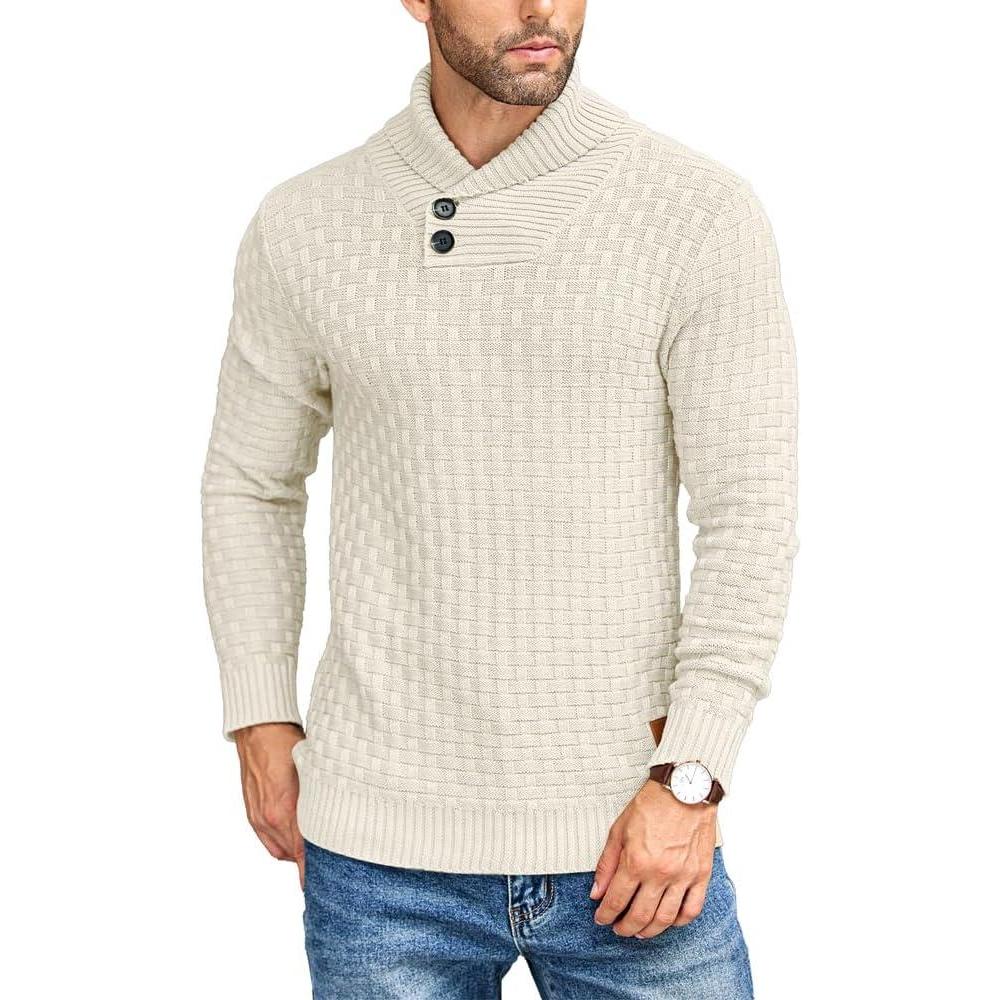 imageCOOFANDY Mens Shawl Collar Pullover Sweater Casual Slim Fit Button Textured Knit SweatersCream