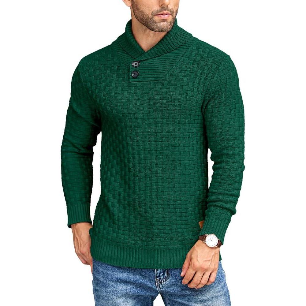 imageCOOFANDY Mens Shawl Collar Pullover Sweater Casual Slim Fit Button Textured Knit SweatersDark Green