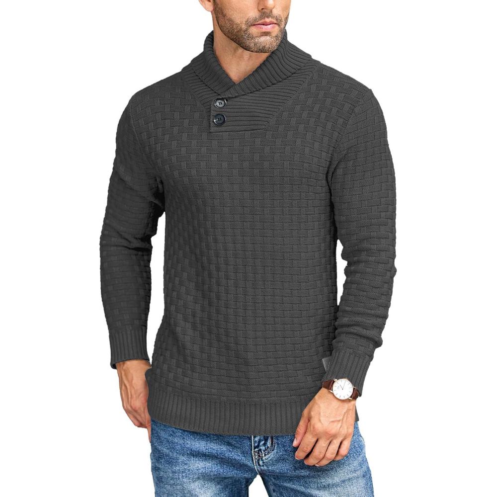 imageCOOFANDY Mens Shawl Collar Pullover Sweater Casual Slim Fit Button Textured Knit SweatersDark Grey