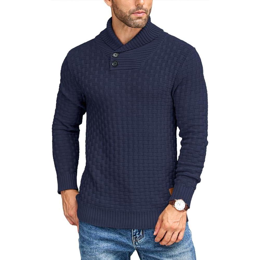 imageCOOFANDY Mens Shawl Collar Pullover Sweater Casual Slim Fit Button Textured Knit SweatersNavy Blue