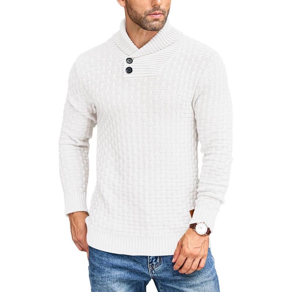 imageCOOFANDY Mens Shawl Collar Pullover Sweater Casual Slim Fit Button Textured Knit SweatersWhite