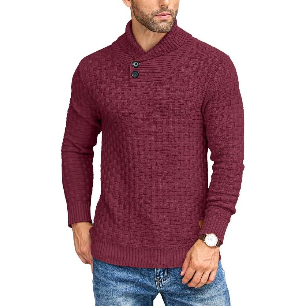 imageCOOFANDY Mens Shawl Collar Pullover Sweater Casual Slim Fit Button Textured Knit SweatersWine Red