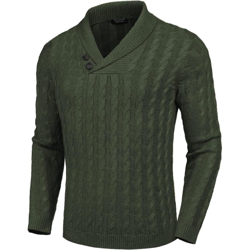 imageCOOFANDY Mens Shawl Collar Pullover Sweater Slim Fit Casual Button Cable Knit SweatersArmy Green