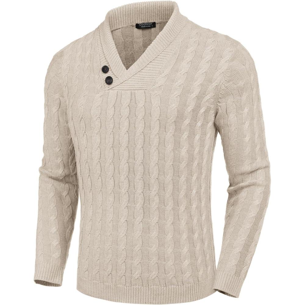 imageCOOFANDY Mens Shawl Collar Pullover Sweater Slim Fit Casual Button Cable Knit SweatersBeige