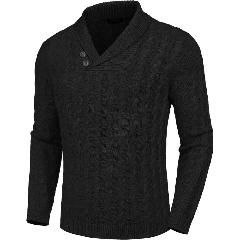 imageCOOFANDY Mens Shawl Collar Pullover Sweater Slim Fit Casual Button Cable Knit SweatersBlack