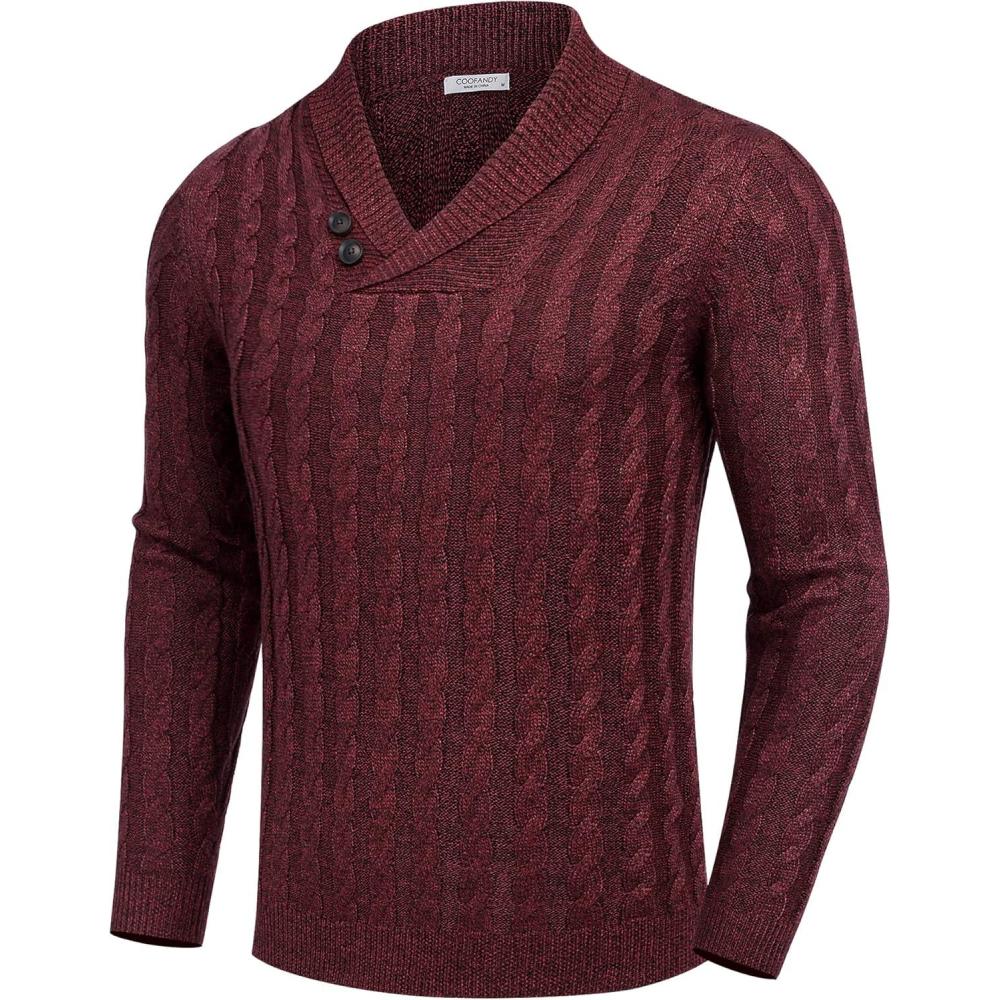imageCOOFANDY Mens Shawl Collar Pullover Sweater Slim Fit Casual Button Cable Knit SweatersBurgundy