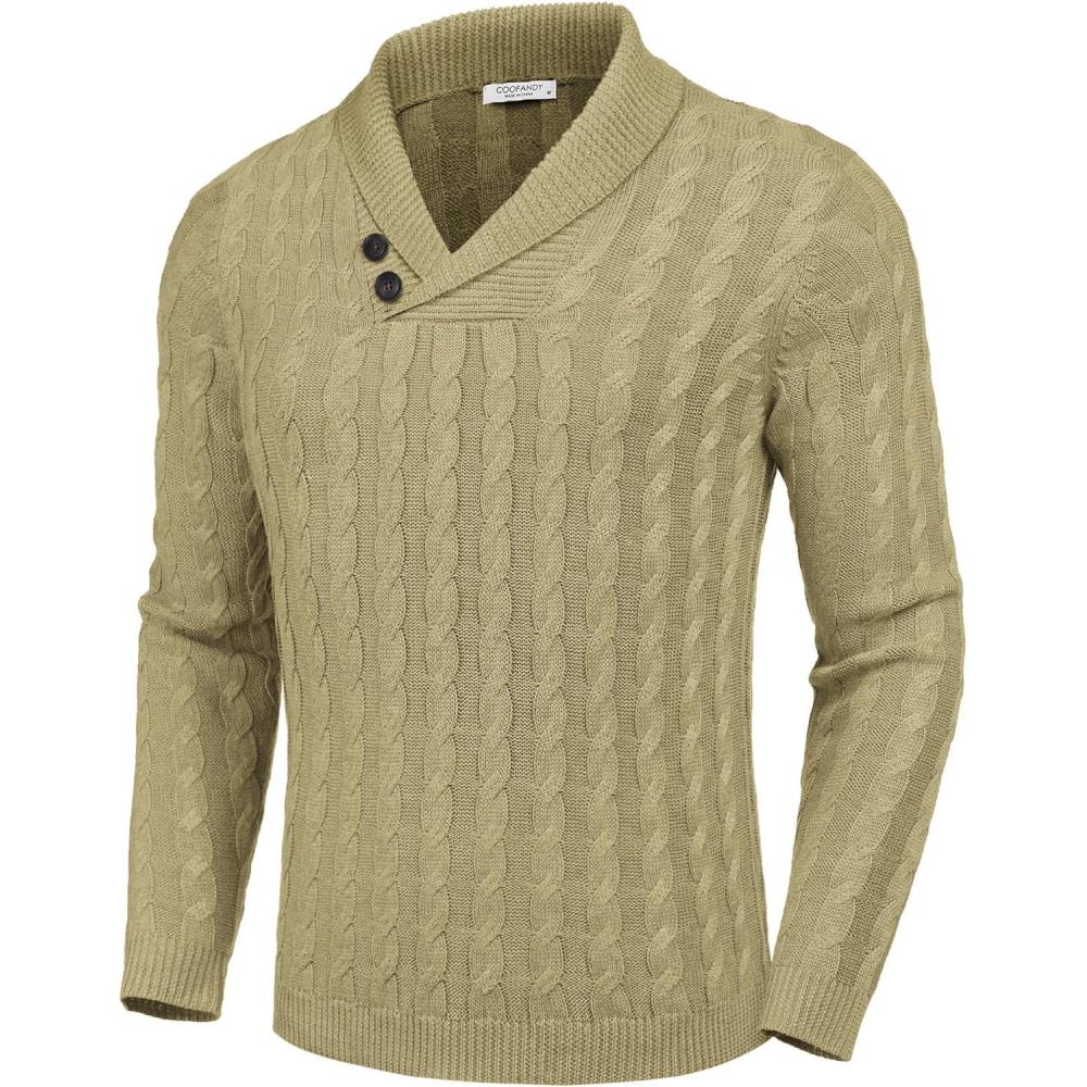 imageCOOFANDY Mens Shawl Collar Pullover Sweater Slim Fit Casual Button Cable Knit SweatersDark Khaki