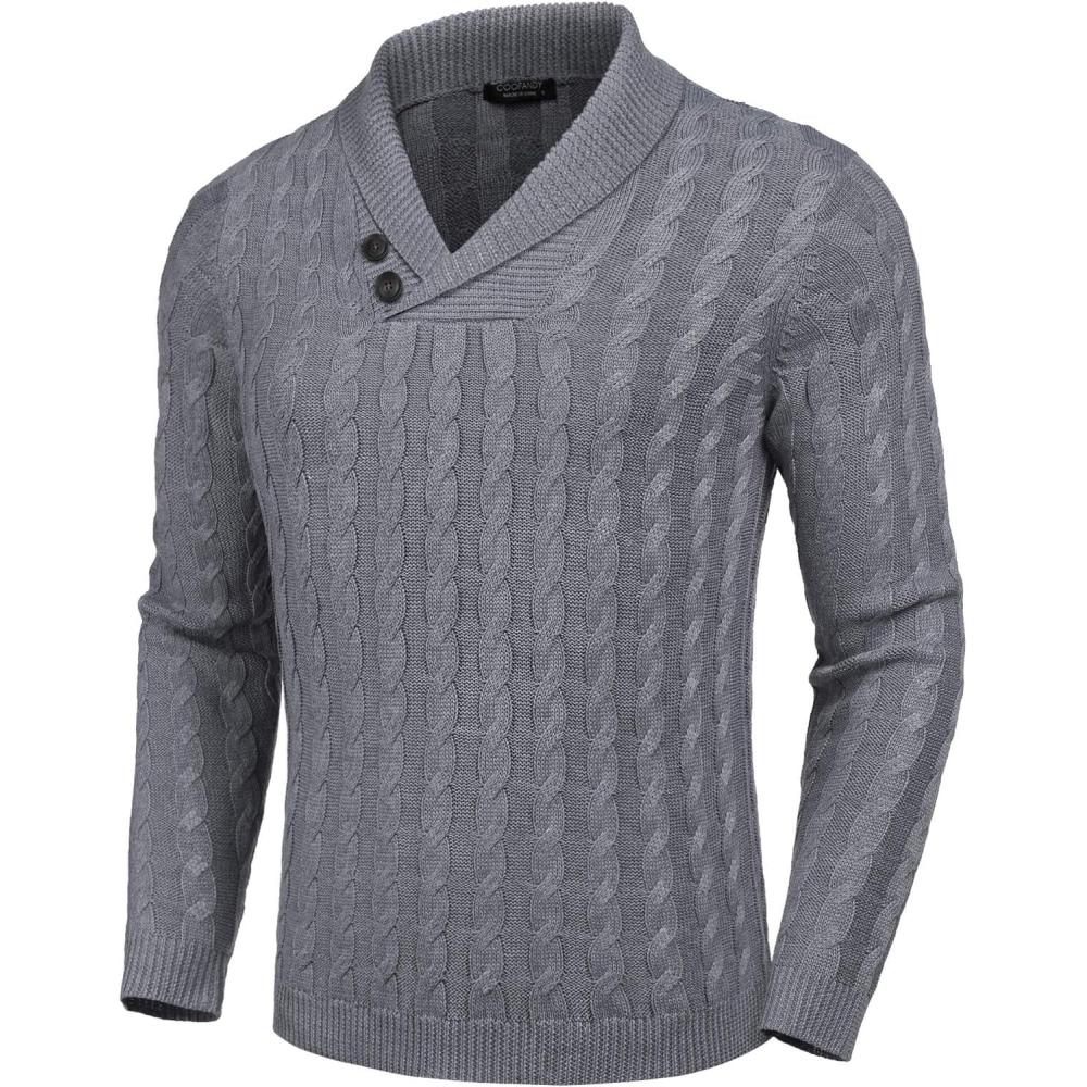 imageCOOFANDY Mens Shawl Collar Pullover Sweater Slim Fit Casual Button Cable Knit SweatersGrey