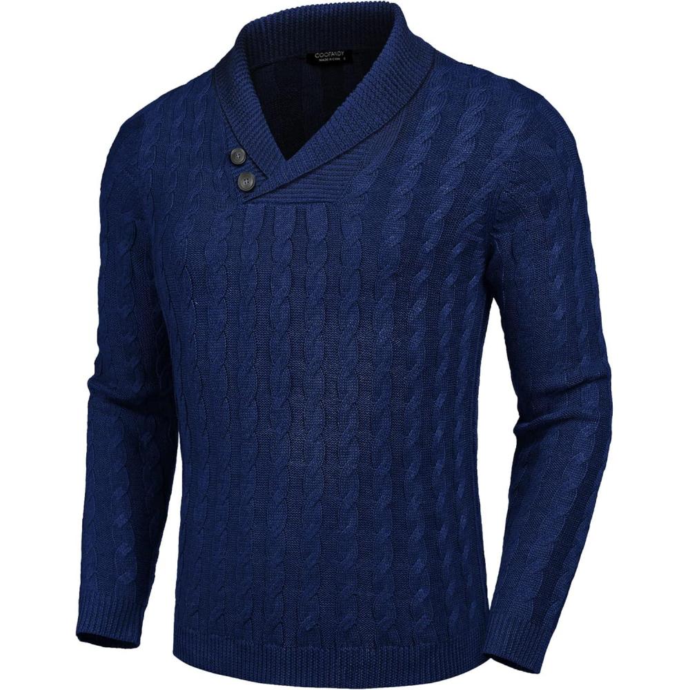 imageCOOFANDY Mens Shawl Collar Pullover Sweater Slim Fit Casual Button Cable Knit SweatersRoyal Blue