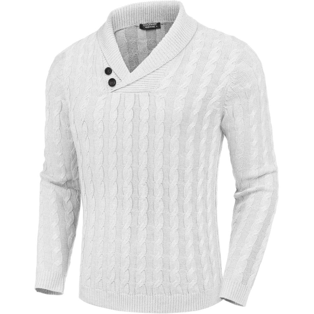 imageCOOFANDY Mens Shawl Collar Pullover Sweater Slim Fit Casual Button Cable Knit SweatersWhite