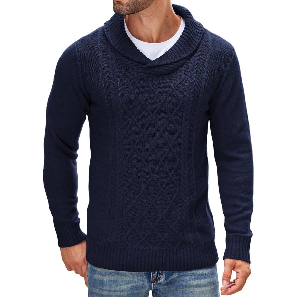 imageCOOFANDY Mens Shawl Collar Sweaters VNeck Relaxed Fit Cable Pullovers01navy Blue