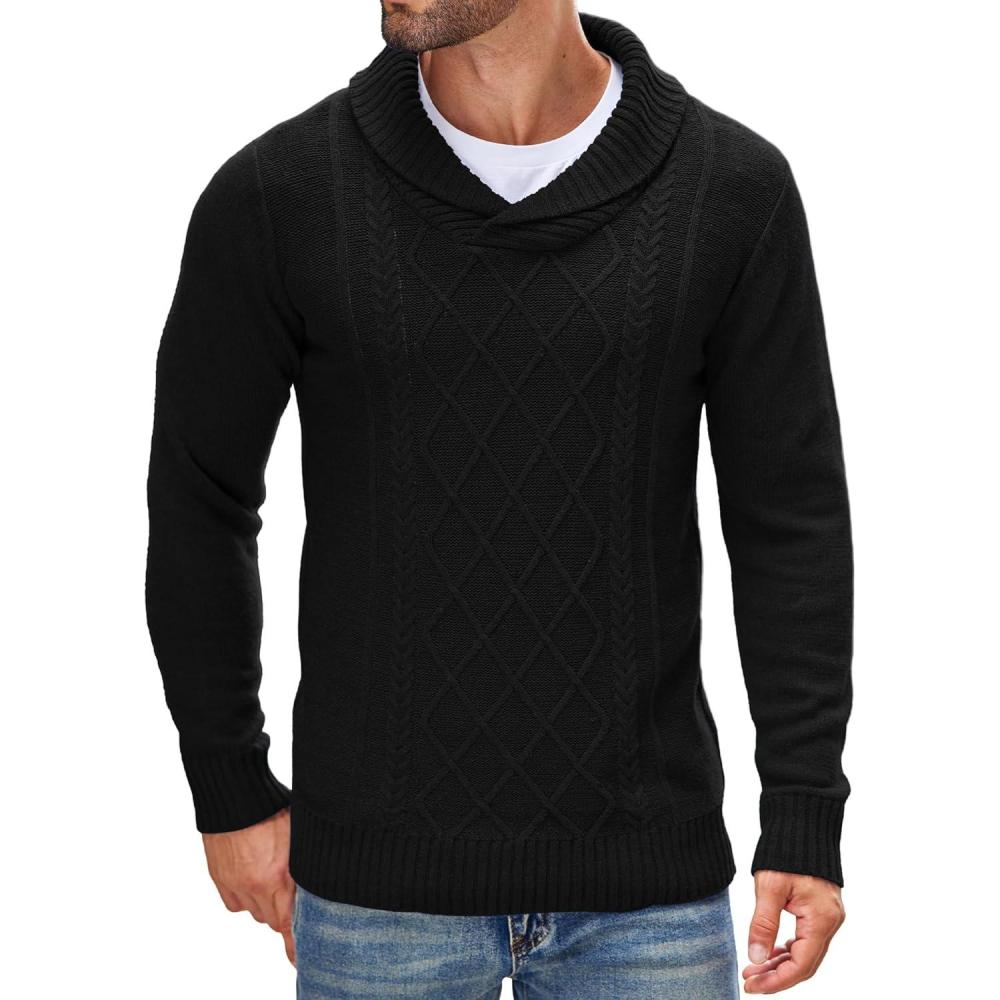 imageCOOFANDY Mens Shawl Collar Sweaters VNeck Relaxed Fit Cable PulloversBlack