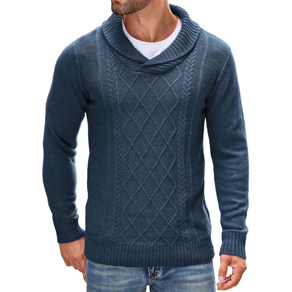 imageCOOFANDY Mens Shawl Collar Sweaters VNeck Relaxed Fit Cable PulloversBlue Gray