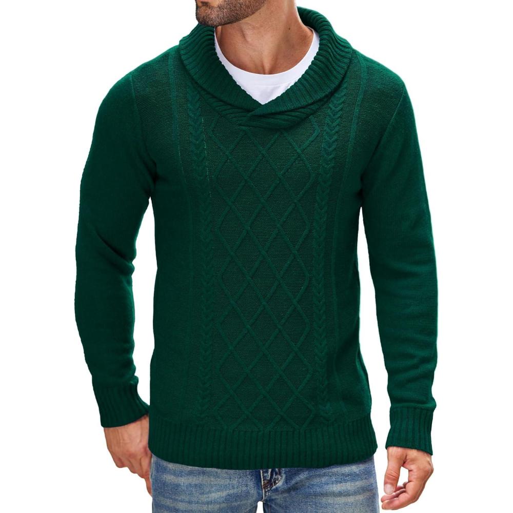 imageCOOFANDY Mens Shawl Collar Sweaters VNeck Relaxed Fit Cable PulloversDark Green