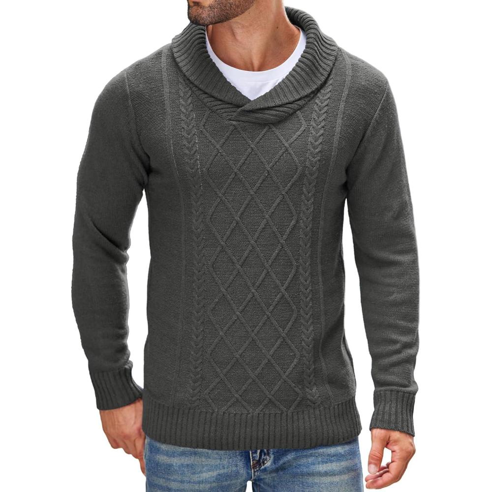 imageCOOFANDY Mens Shawl Collar Sweaters VNeck Relaxed Fit Cable PulloversGrey